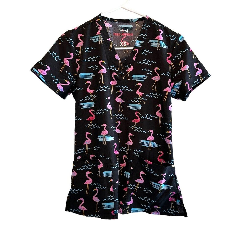 Med‎ Works Scrub Top Flamingo Print Pockets Black Pink Women's Size XS
